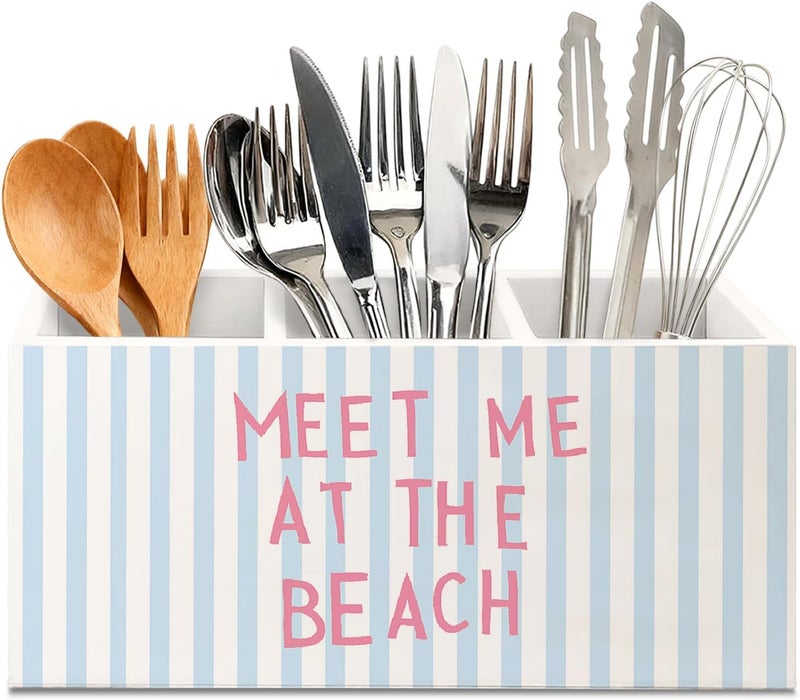 KBRCT Preppy Coastal Beach Wooden Utensils Holder, Coastal Kitchen Decor, Meet Me at the Beach Blue Striped Wood Cooking Utensil Holder Organizer for Kitchen Countertop Counter Decor - Image 1